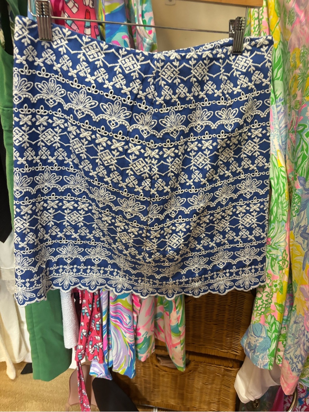 LOFT Blue and White Embroidered mini skirt